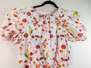 Joie Floral Puff Sleeve Blouse White Red Poppy Print 100% Cotton Size M
